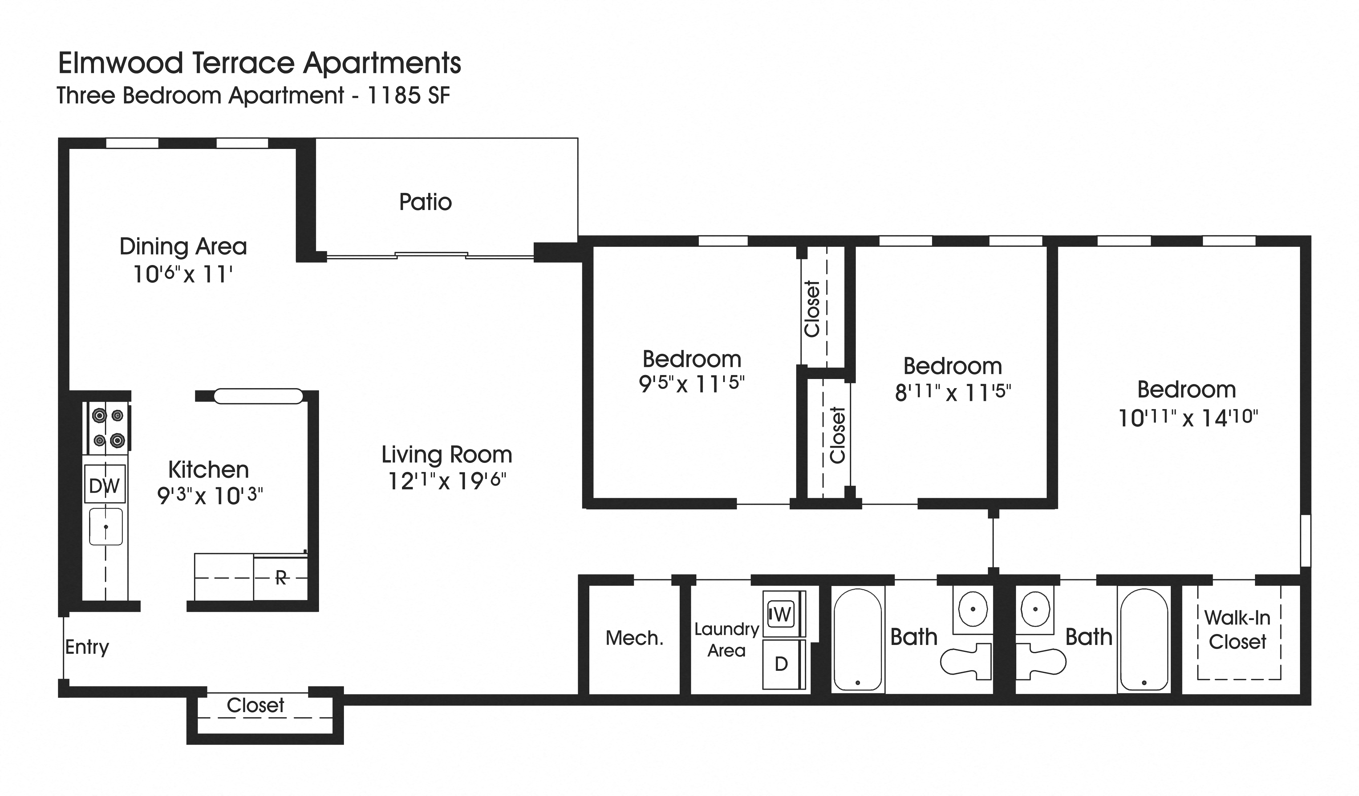 Floor plan for 3 beds, 2 baths, 1185 sqft